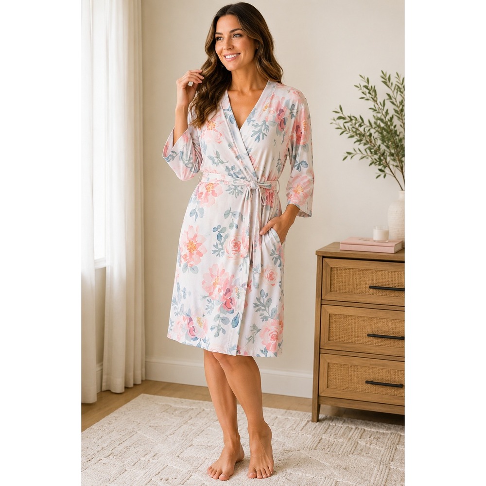 Caden Lane Floral Maternity Delivery Wrap Robe White Pink Peach 3/4 Sleeve OS